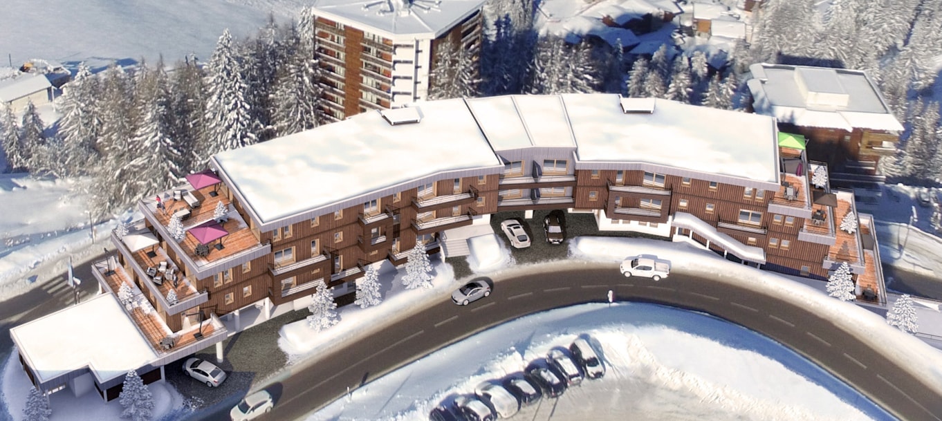 Perspective extérieur du programme Lodges 1970 situé à Plagne Centre Perspective extérieur du programme Lodges 1970 situé à Plagne Centre