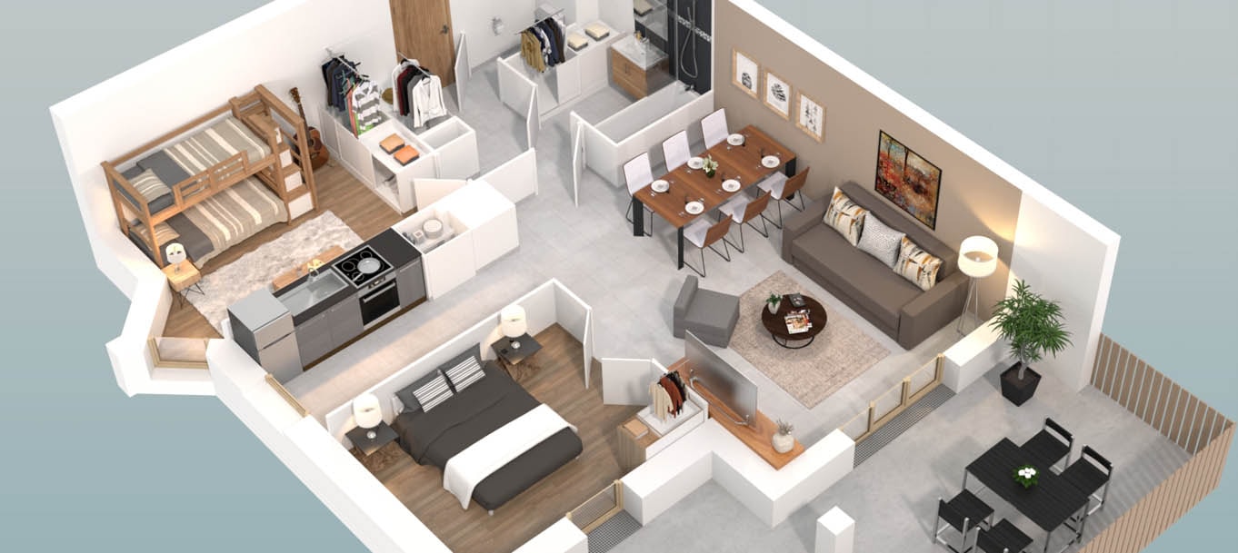 Plan 3D d'un appartement 3 pièces du programme Les Verts Sapins situé à Eyne Plan 3D d'un appartement 3 pièces du programme Les Verts Sapins situé à Eyne
